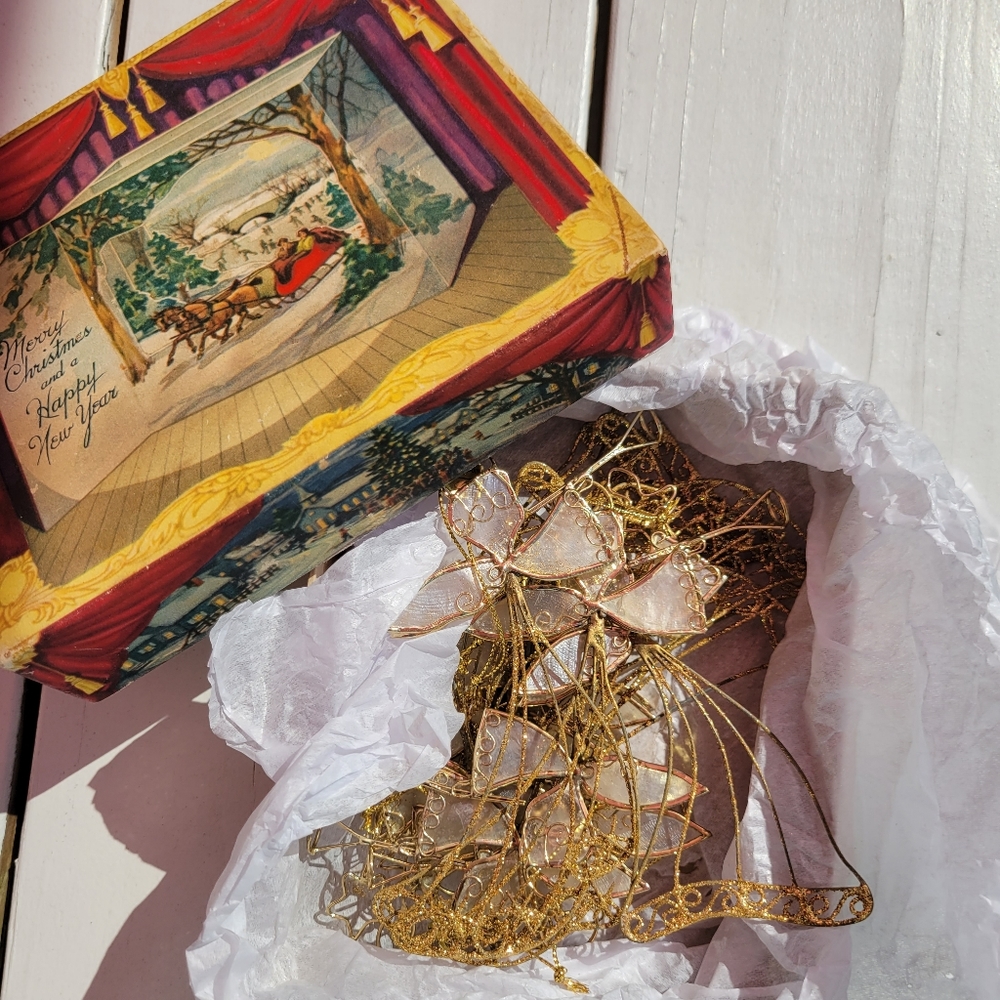 Capiz Shell Angel Ornaments (11) Philippines Wire & Vintage Christmas Card Box